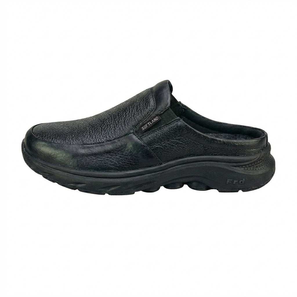 Black slip-on shoe with 'Skechers' branding on a white background