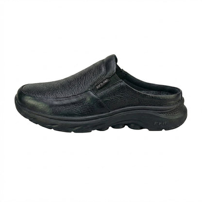 Black slip-on shoe with 'Skechers' branding on a white background